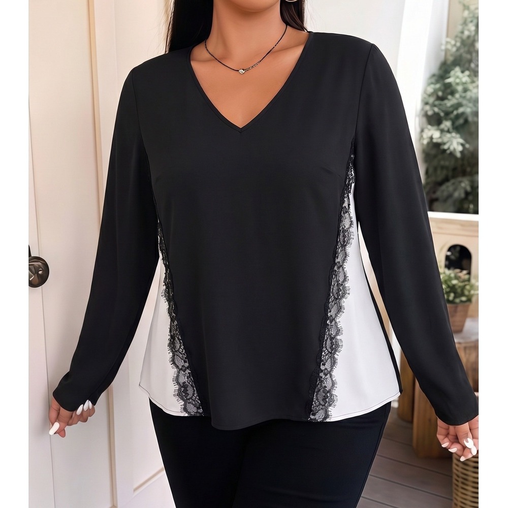 Worthington Plus Size Witchy Office 1X Lace Trim Long Sleeve Blouse Top